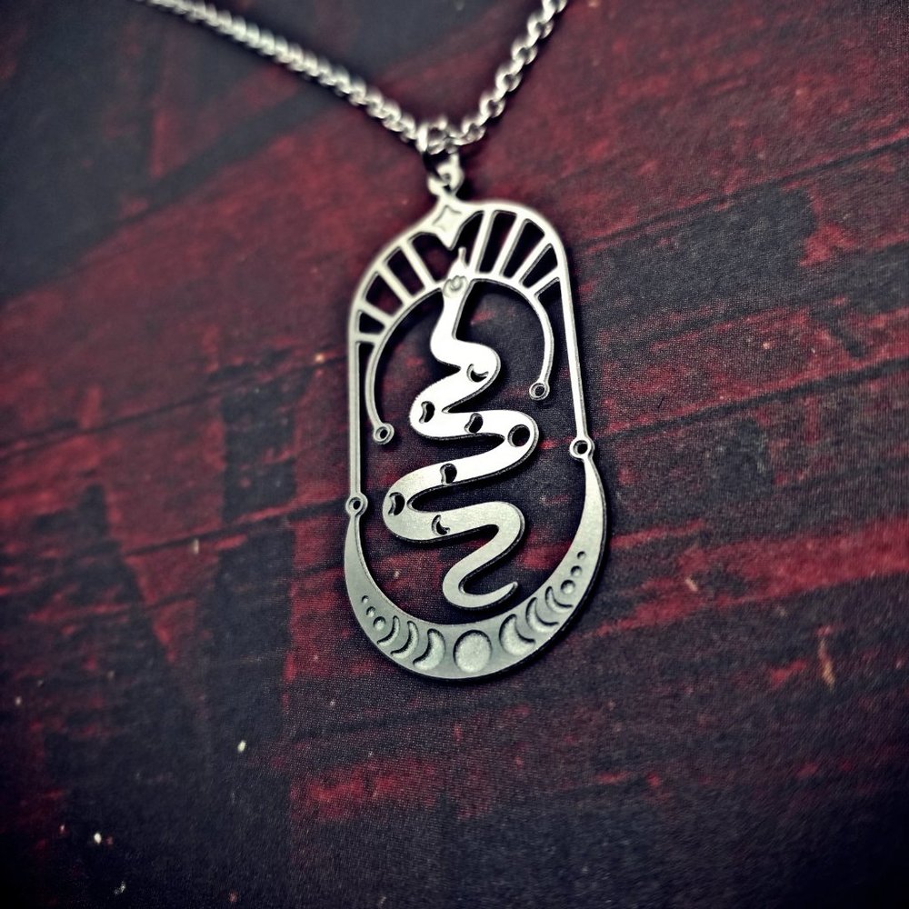 Art Deco Lunar Serpent Silver Necklace - Picture 3 of 3